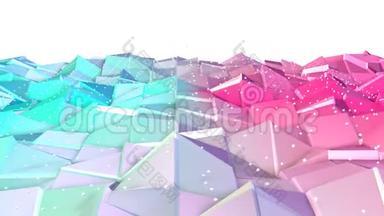 抽象简单的蓝色粉红色低聚三维表面和飞行白色晶体作为卡通游戏背景。 软几何